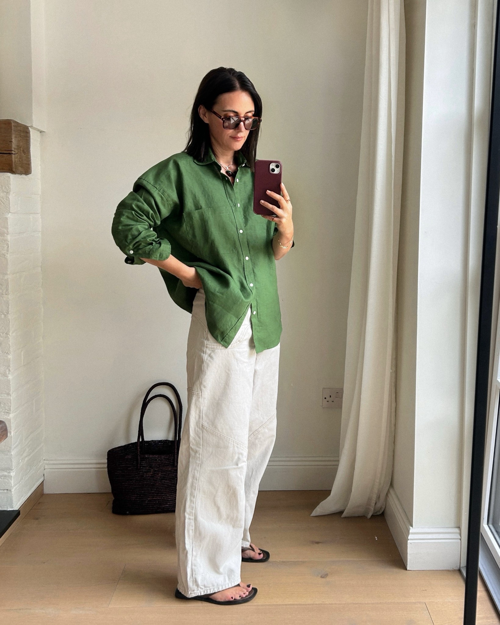 With nothing underneath hemp weekend shirt in green, leather flip flops, white jeans straight leg, casual mom outfit 

#LTKireland #LTKstyletip #LTKeurope