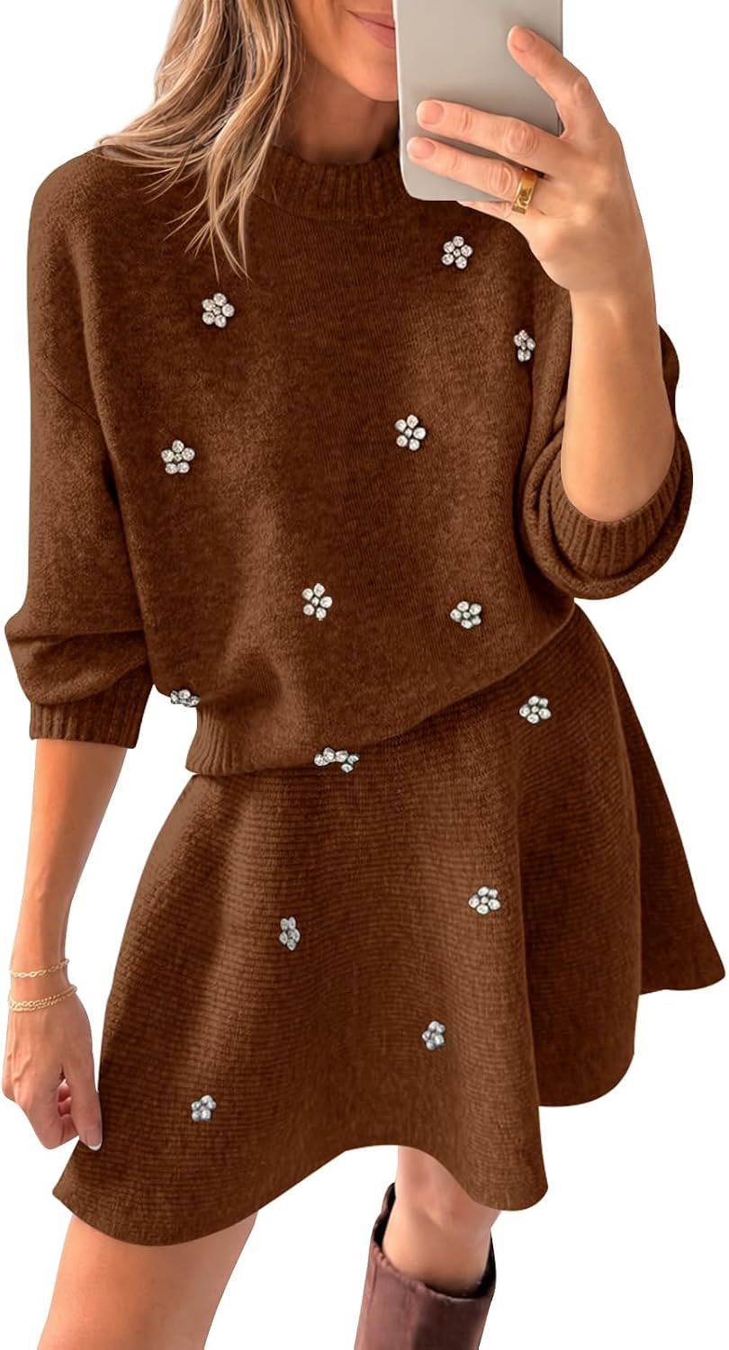 Saodimallsu Womens 2 Piece Sweater Skirt Set Fall Elegant Long Sleeve Crew Neck Top and Knit Mini Skirt with Rhinestones | Amazon (US)