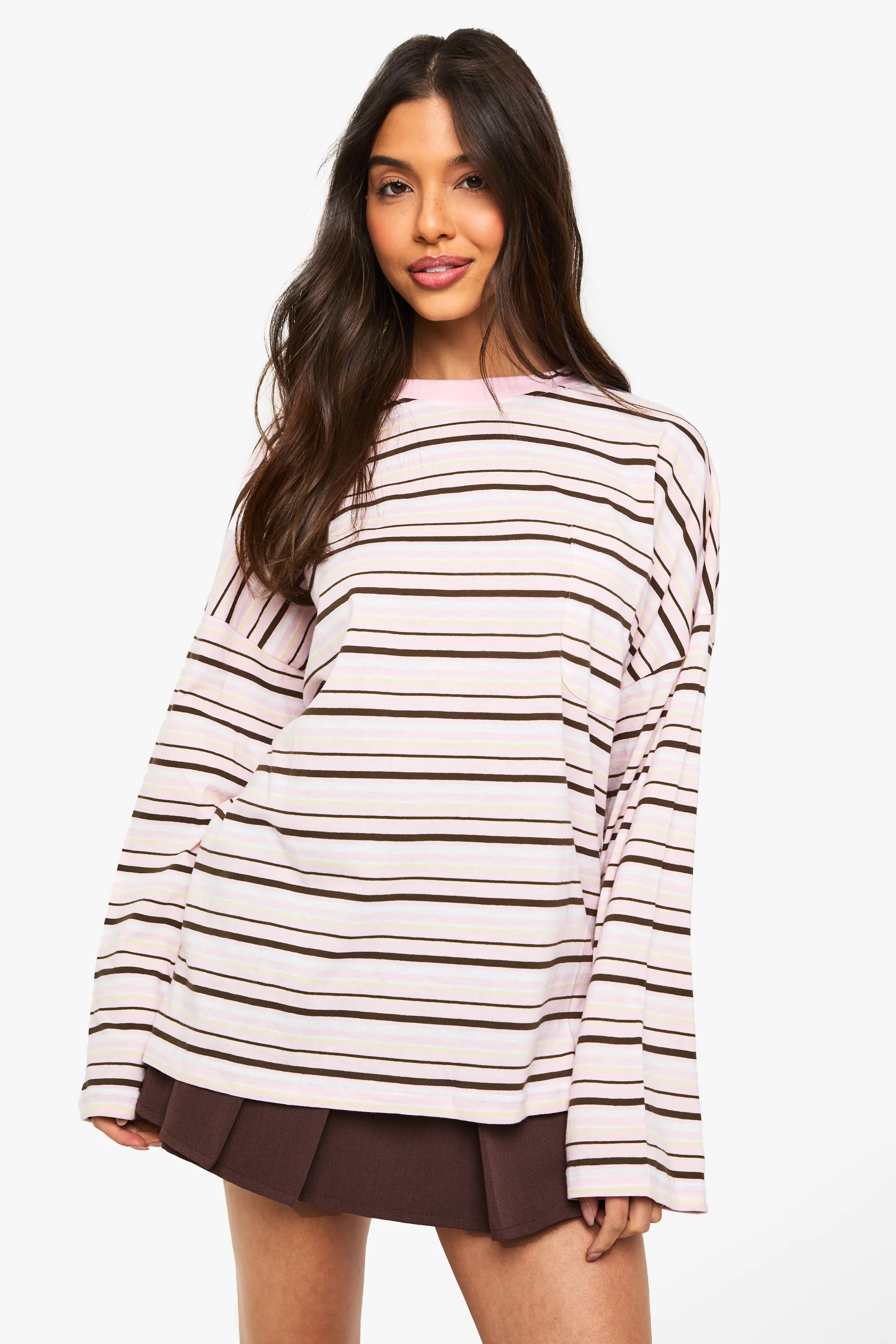Pink Striped Cotton Pocket Front Long Sleeve Top | Boohoo | Boohoo.com (UK & IE)