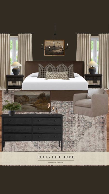Moody cottage primary bedroom design, McGee and Co bed, amber lewis rug, chandelier, slipcovered bed, black dresser, Target chair, pottery barn nightstands, bedside lamps

#LTKstyletip #LTKhome
