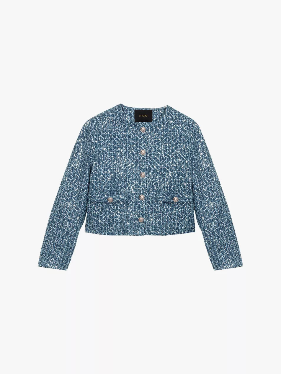 Sequin-embellished round-neck tweed jacket | Selfridges