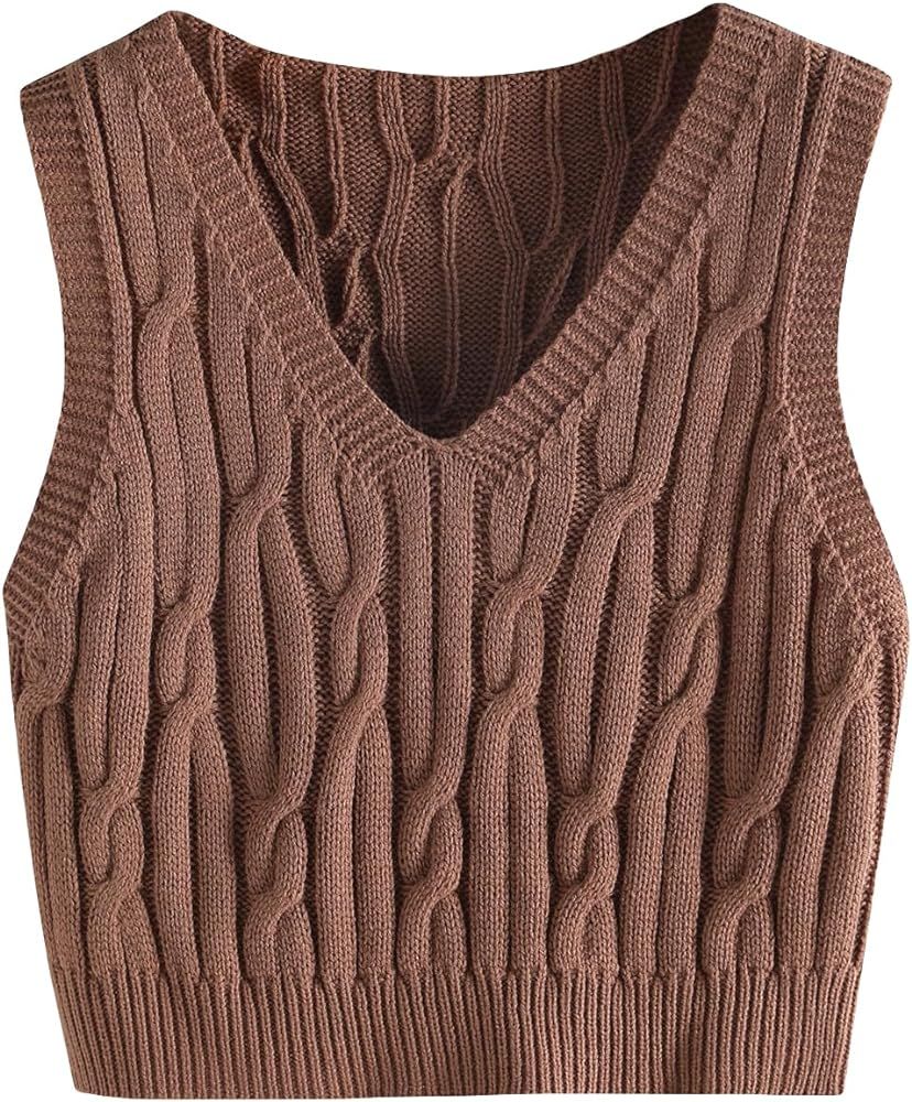 OYOANGLE Women's Sleeveless V Neck Knit Sweater Vest Top Casual Jk Uniform Pullover Crop Tank Top... | Amazon (US)