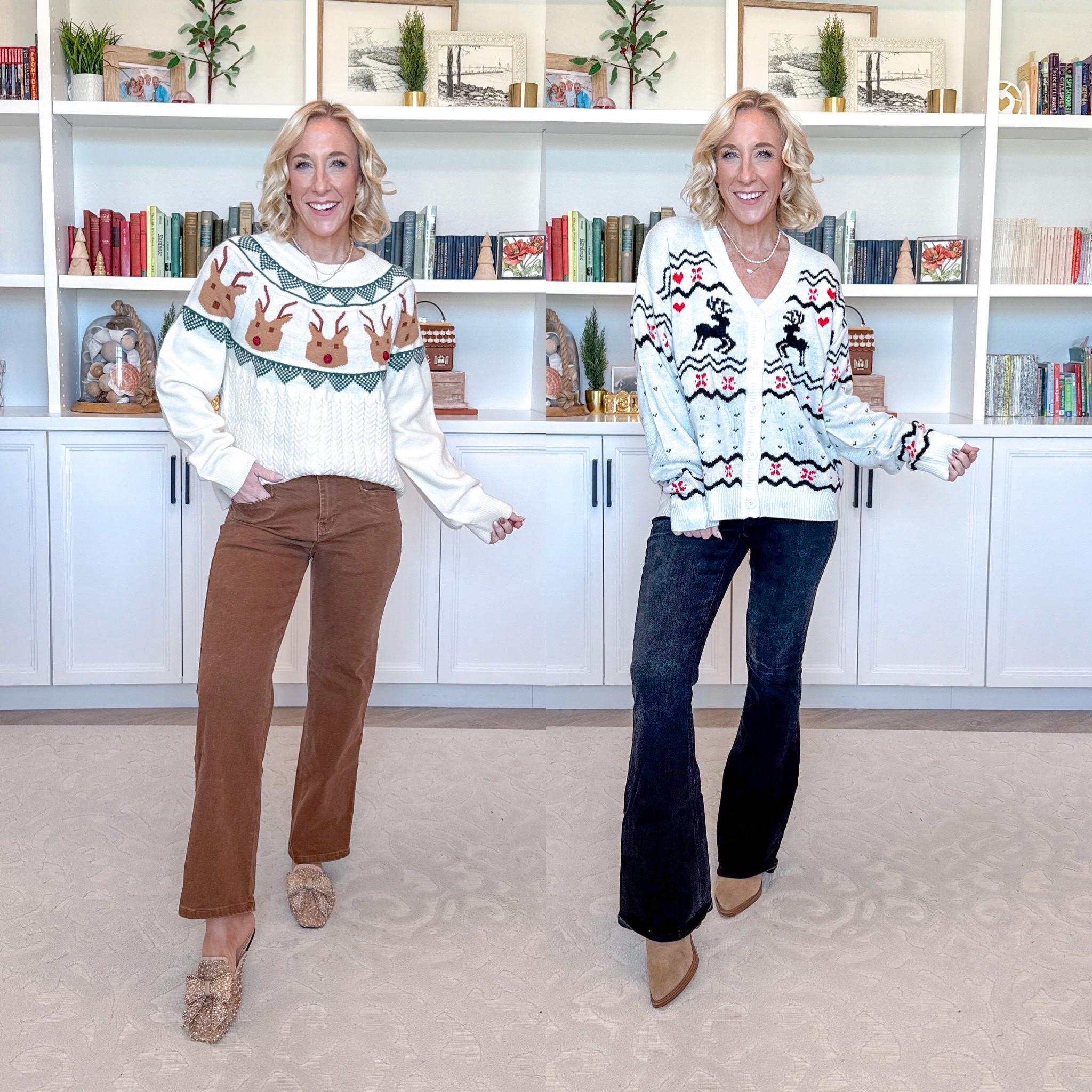 Reindeer Fair Isle Sweater - size small. * Brown Jeans - size 4. 
 
Fair Isle Cardigan - size small. * Black Flare Jeans - mine are old BUT I'm linking similar options. 

#LTKOver40#LTKHoliday#LTKFindsUnder50 

 