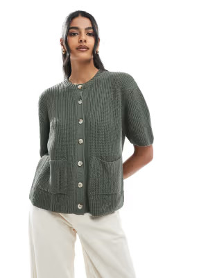 ASOS DESIGN knitted cardigan with patch pockets in khaki | ASOS | ASOS (Global)