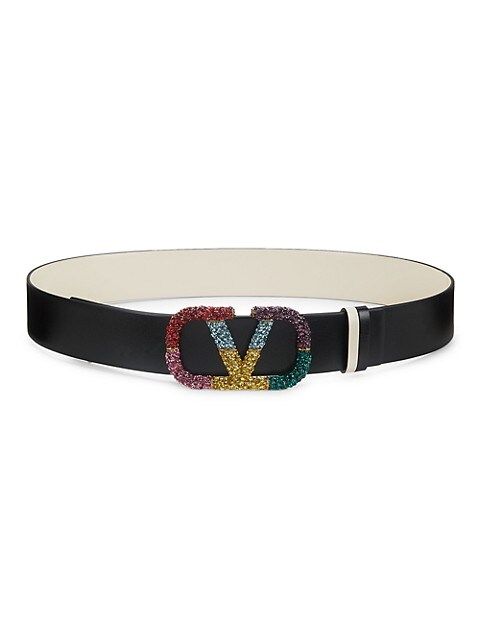 Reversible VLogo Crystal-Embellished Leather Belt | Saks Fifth Avenue