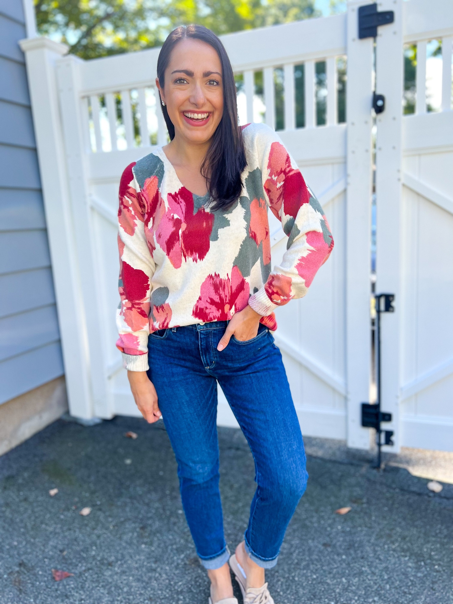 Loft try on 
Sweater: small
Jeans: 27 petite
Mules: size up half 

#LTKunder50 #LTKSeasonal #LTKsalealert