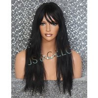 100% Human Hair Wig Black Full Bangs Layered Long Cancer/Alopecia/Cosplay/Theater | Etsy (US)
