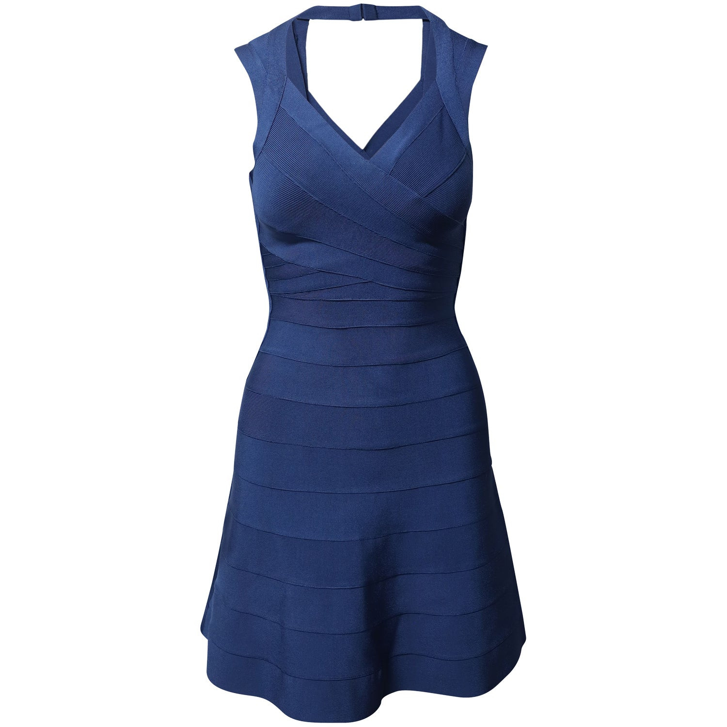 Herve Leger Flared Hem Bandage Dress in Blue Rayon | Shop Simon