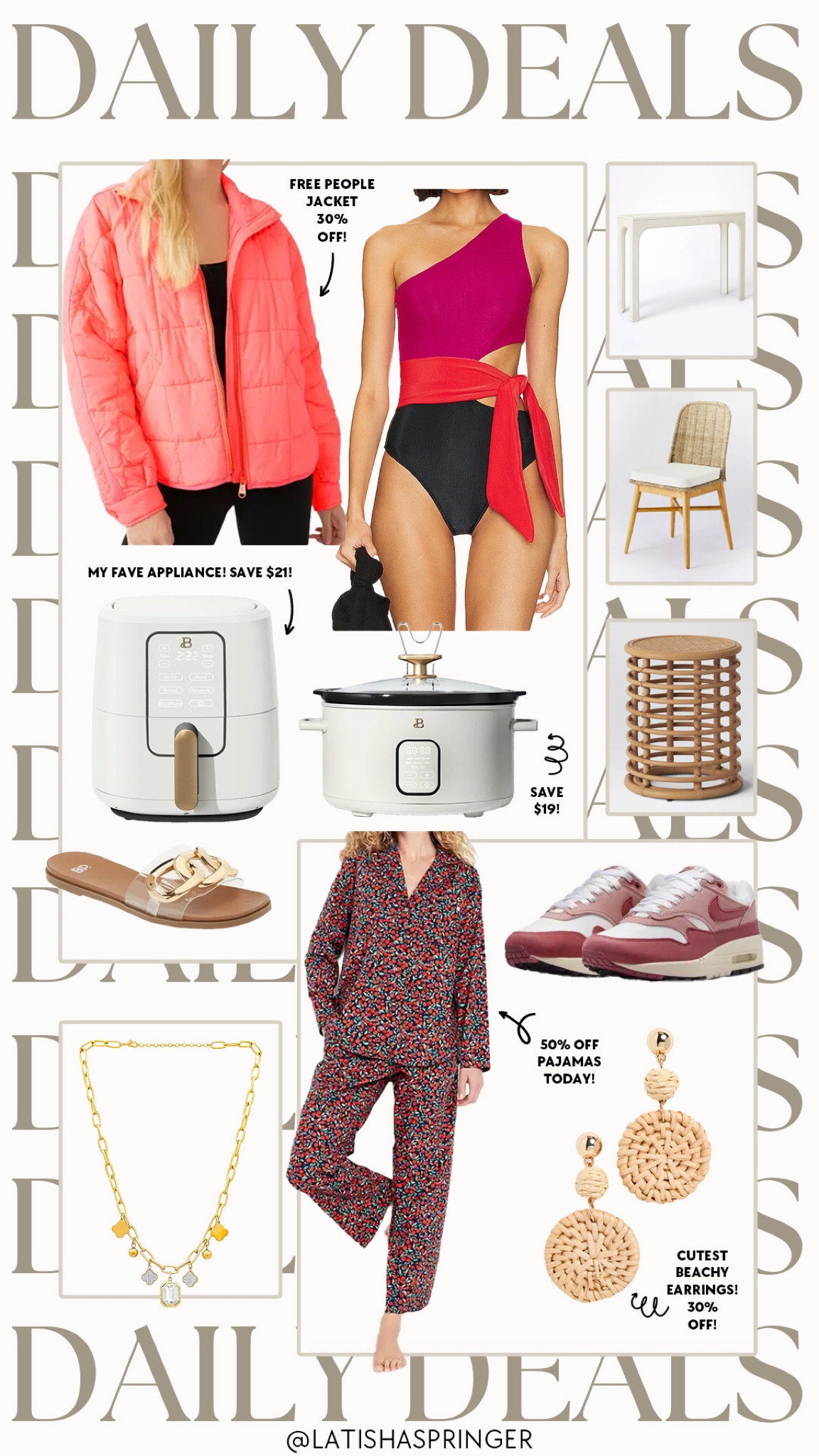 Daily deals! Free People jacket, 30% off Target furniture, 50% off pajamas and more! 

#dailydeals

Free people quilted jacket on sale. Beach riot swimsuit on sale. Target rattan dining chairs. Pink Nike sneakers on sale. Resortwear jewelry. Beautiful appliances on sale. 

#LTKSeasonal #LTKsalealert #LTKfindsunder100