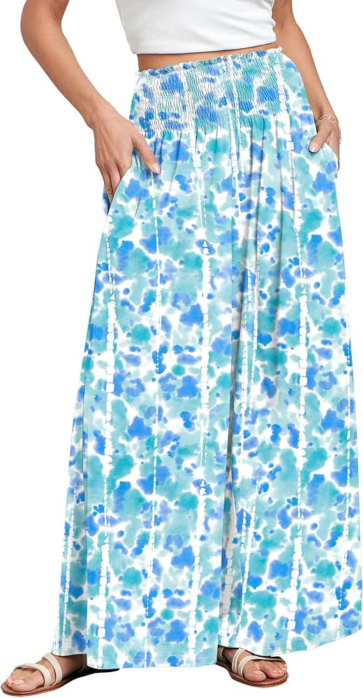 ANRABESS Women Palazzo Pants Summer Boho Bagyy Wide Leg High Smocked Waist Casual Loose Lounge Pa... | Amazon (US)