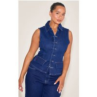 Shape Indigo Stretch Denim Button Front Longline Top | PrettyLittleThing UK