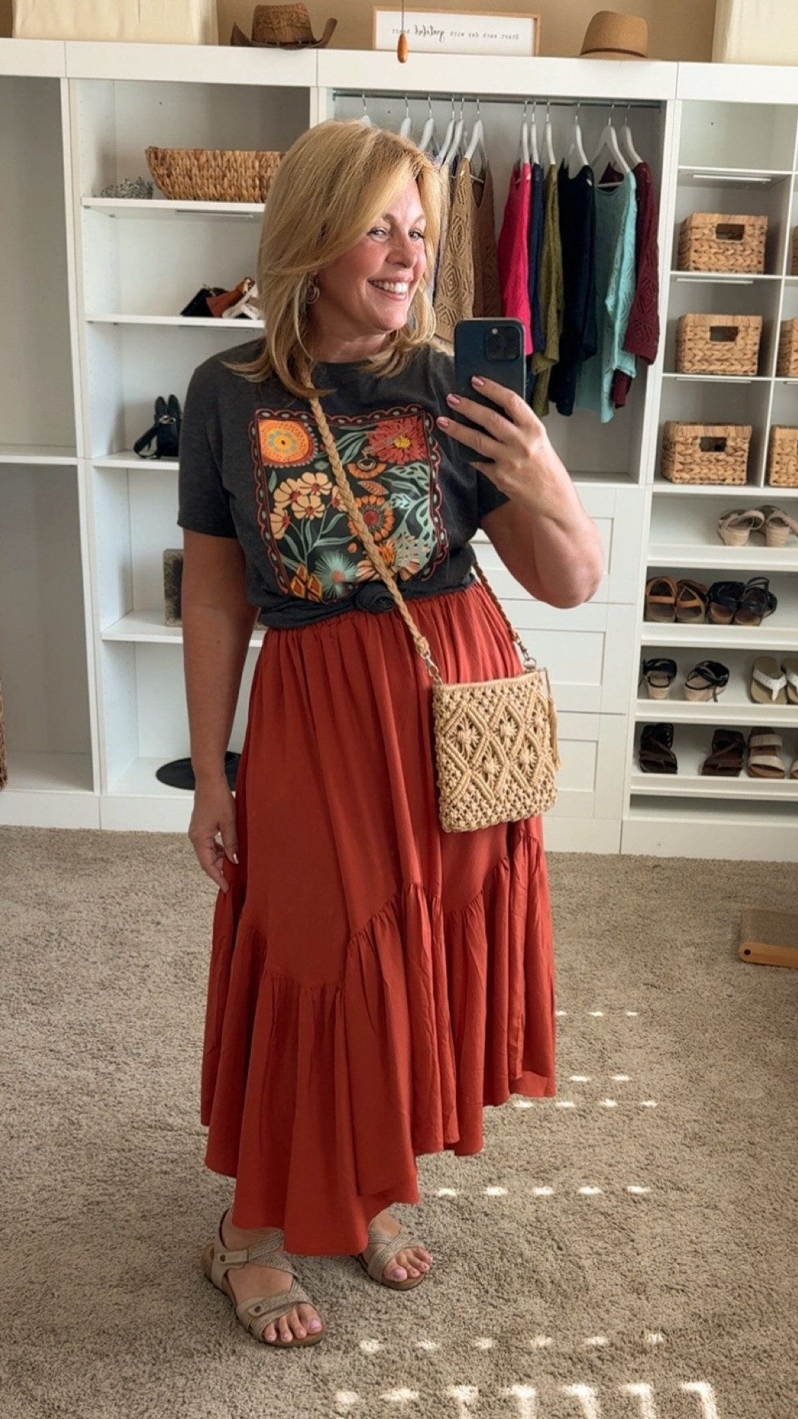 The tied up T-shirt and a flowy maxi skirt, effortless spring, and summer wear. I paired it was a cute pair of earthy earrings, and my favorite Taos sandals. . 

#LTKShoeCrush #LTKOver40 #LTKFindsUnder50