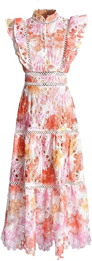 Women Colorblock Hollow Out Stand Collar Flying Sleeve High Waist Dress | Amazon (US)