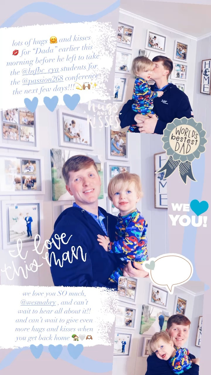 lots of hugs 🤗 and kisses 
💋 for “Dada” earlier this morning before he left to take the @bsfbc_cya students for the @passion268 conference the next few days!!!💫🙌🏽✨

we love you SO much, @wesmabry , and can’t wait to hear all about it!! and can’t wait to give even more hugs and kisses when you get back home 🏡🤍🫶🏽

#LTKhome #LTKfamily #LTKbaby