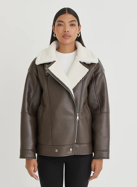 Brown Faux Leather Aviator Jacket- Billy | 4th & Reckless