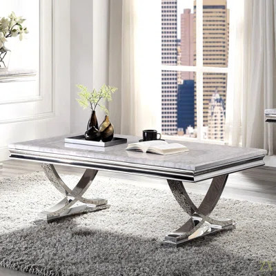 Modern Glam Style Coffee Table With 18Mm Faux Marble On Top Pedestal Base Metal Structure Stainless Steel Chrome Finish | Wayfair North America
