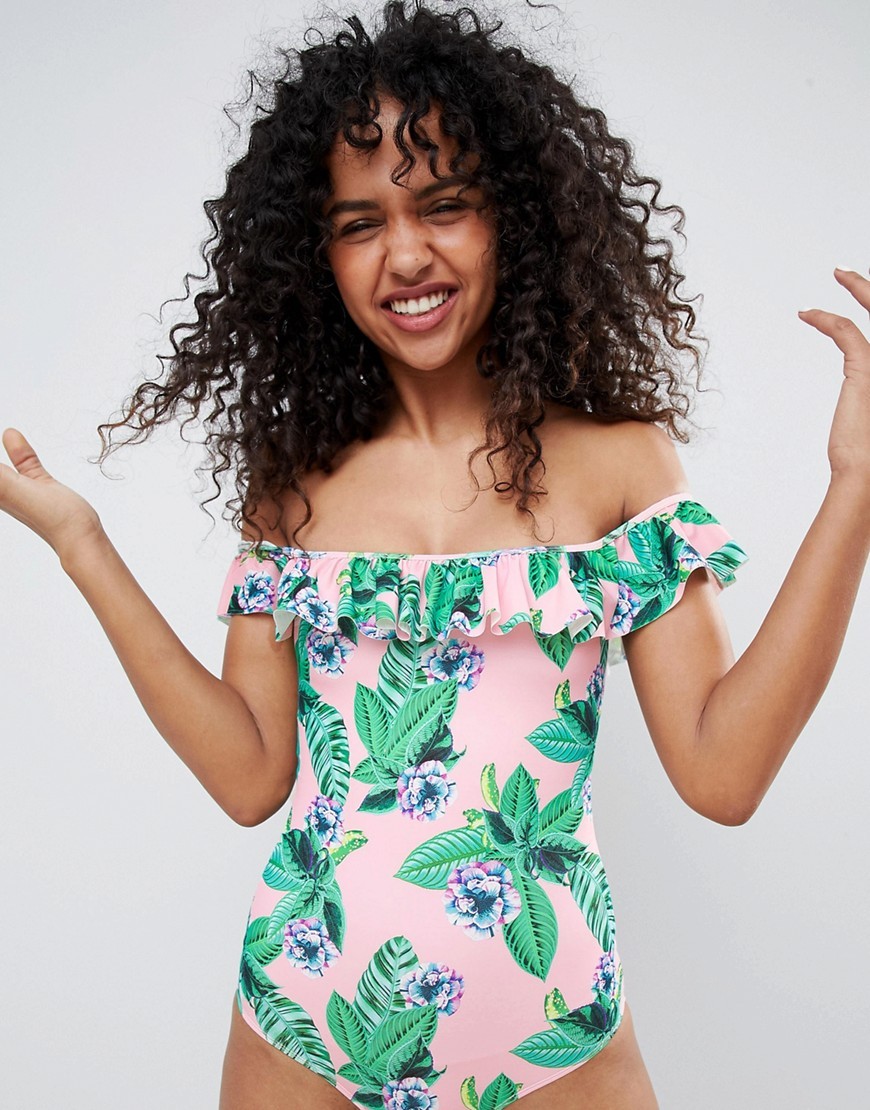 Monki Tropical Off Shoulder Swimsuit - Multi | ASOS US