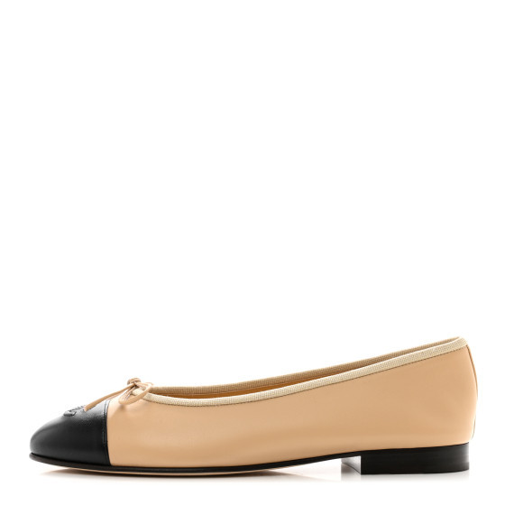 Lambskin Cap Toe CC Ballerina Flats 38 Beige Black | FASHIONPHILE (US)
