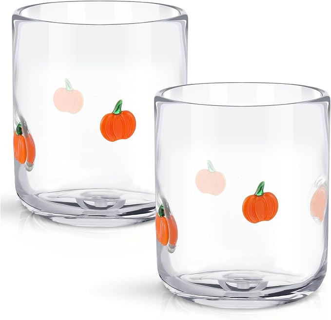 2 Pcs Pumpkin Icon Juice Glasses, 14 oz Fall Pumpkin Stemless Wine Drinking Coffee Glass Cup for ... | Amazon (US)
