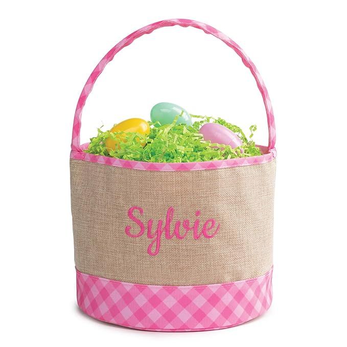 Personalized Easter Bucket Bag with Custom Cursive Name | Pink Plaid Burlap Easter Bag with Handl... | Amazon (US)