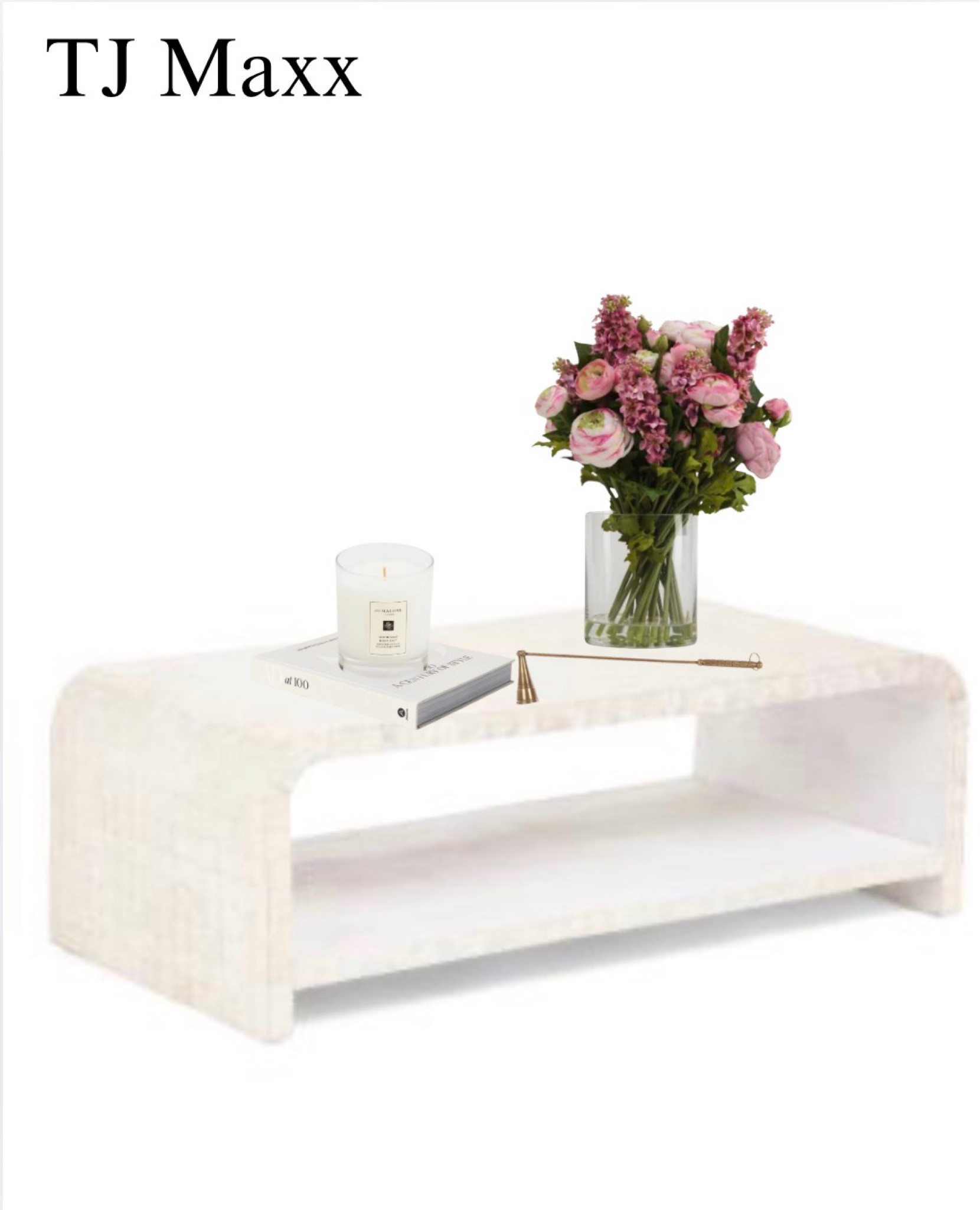 Coffee table decor on sale at TJ Maxx, Joe Malone candle, faux flowers, pink, candle, sniffer, book, French, modern, coastal.

#LTKHome #LTKSaleAlert