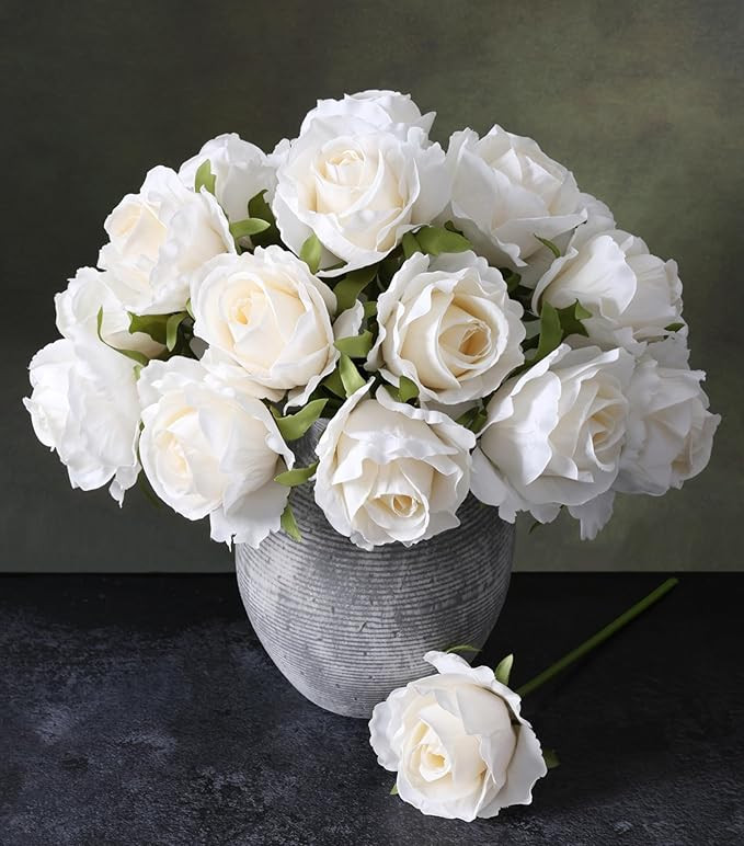 Ivydale 18pcs White Roses Artificial Flowers, Fake Roses Silk Flowers with Stems Realistic Bouque... | Amazon (US)