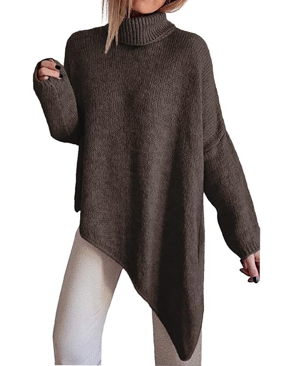 BTFBM Women Long Sleeve Turtleneck Knit Sweater Asymmetric Hem Oversized Fall Winter Sweaters Cas... | Amazon (US)
