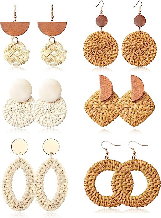 YADOCA 6 Pairs Rattan Drop Dangle Earrings Straws Boho Handmade Woven Earrings for Women Geometri... | Amazon (US)