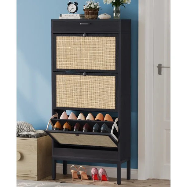 Brafab Freestanding Shoe Cabinet with 3 Flip Drawers, 2 Layer Shoe Shelf, Natural Rattan Shoe Sto... | Walmart (US)