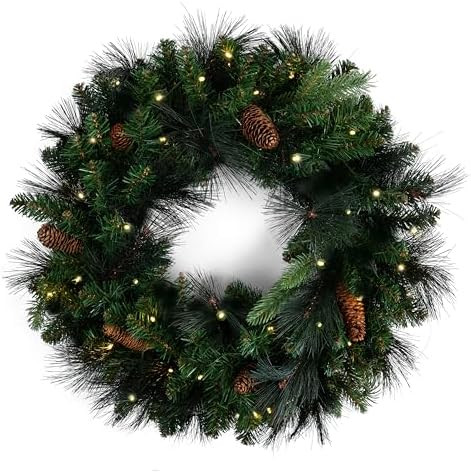 Papyrus 24" Pre-Lit Carolina Pine Artificial Wreath, Pine Cones, Warm White Light, Battery Powere... | Amazon (US)