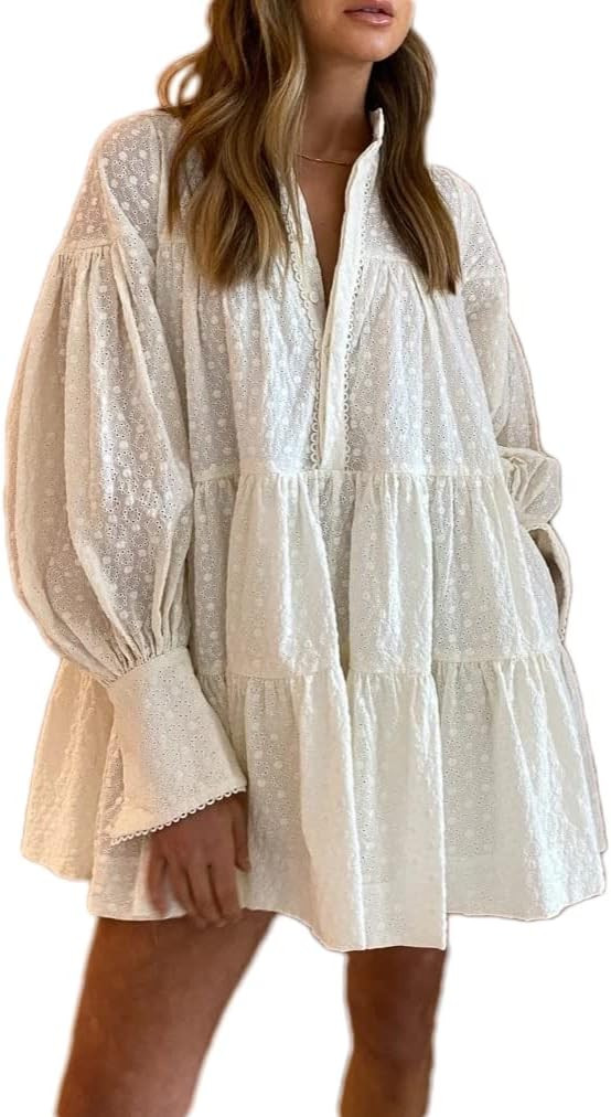 Aofur Summer Cotton V Neck Long Losse Sleeve Casual Party A-Line Dresses Embroidery Short Dress | Amazon (US)