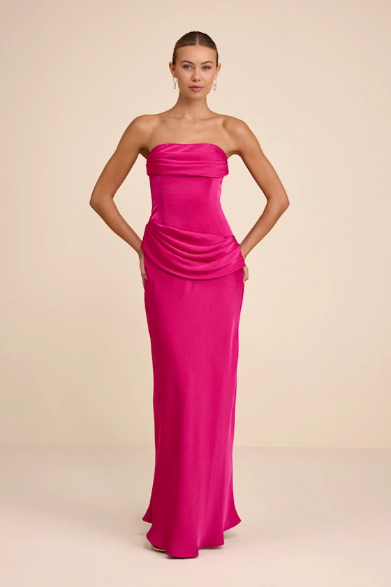 Verbena Magenta Satin Draped Strapless Maxi Dress | Lulus