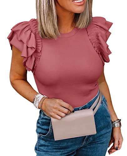 Womens Ruffle Short Sleeve Shirts Slim Fit High Neck Knit Ribbed Tops (Pink1, Small) | Amazon (US)