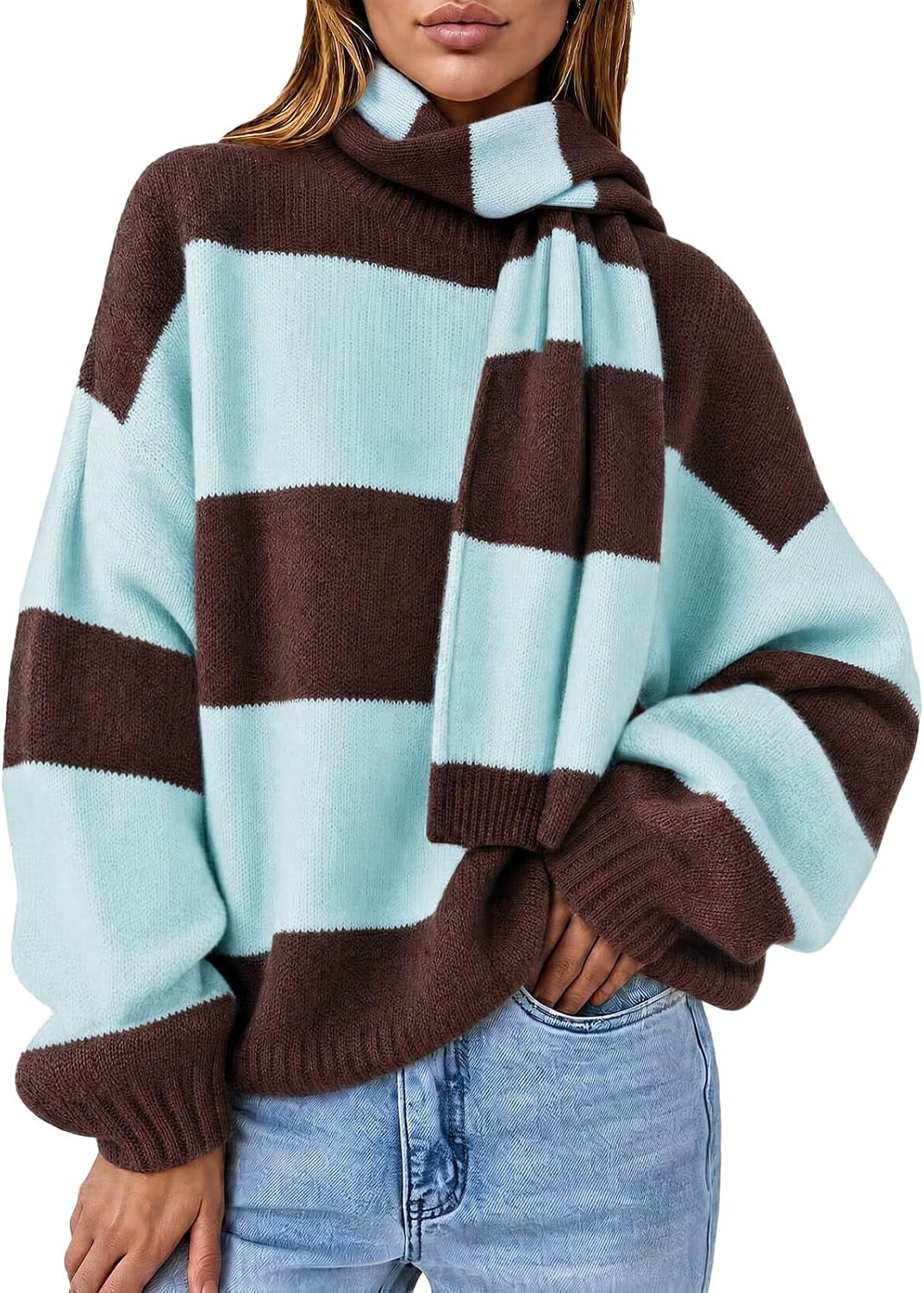 Cicy Bell Womens Striped Long Sleeve Sweaters Knit Fall Pullover with Scarf | Amazon (US)