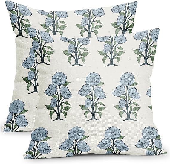 Blue Floral Pillow Covers 18x18 Inch Blue Green Chinoiserie Flower Leaves Outdoor Decorative Thro... | Amazon (US)