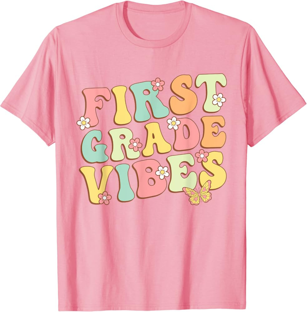 First Grade Vibes Hello Team 1st Grade Teacher Kids Retro T-Shirt | Amazon (US)