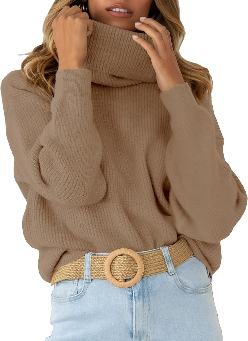 Womens Long Sleeve Turtleneck Knit Sweaters Drop Shoulder Pullover Sweater Oversized Winter Jumpe... | Amazon (US)