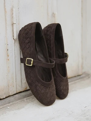 Linzi Shoes - Index Brown Faux Suede Handwoven Mary Jane Pumps- 8 | Linzi Shoes