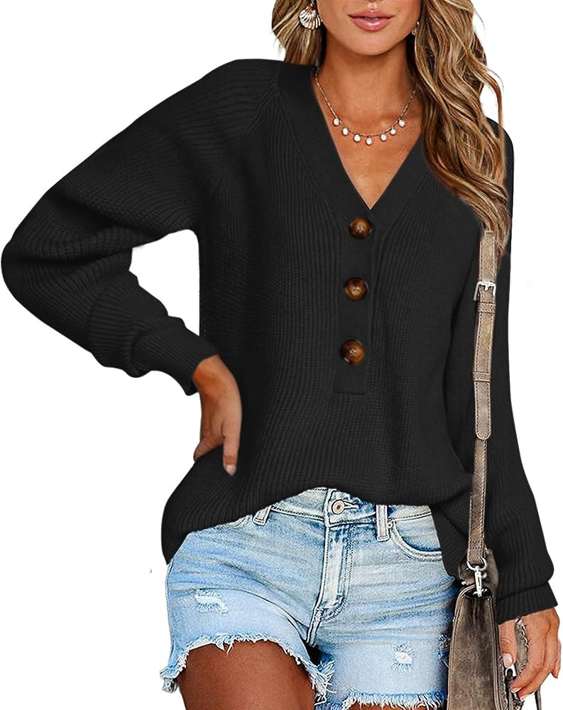 BTFBM Women Long Sleeve V Neck Button Down Sweater Solid Color Ribbed Knit Sweater Casual Relaxed... | Amazon (US)
