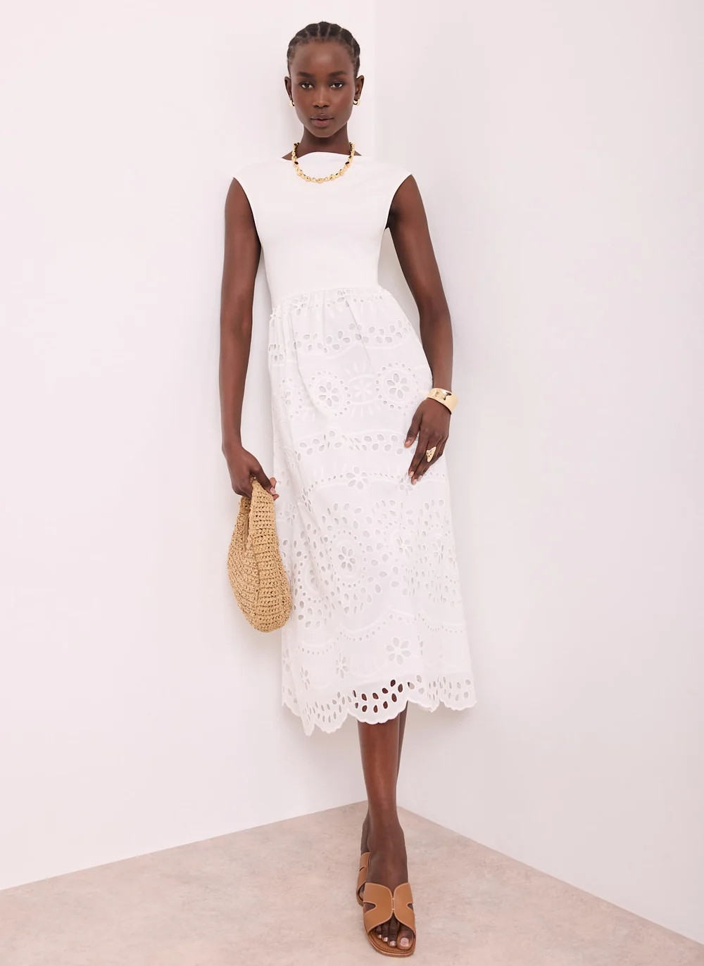 White Jersey Broderie Midi Dress | Mint Velvet