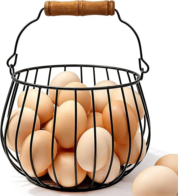 Farmhouse Egg Basket for Gathering Fresh Eggs - 24 Egg Capacity Wire Basket with Wood Handle, Chi... | Amazon (US)
