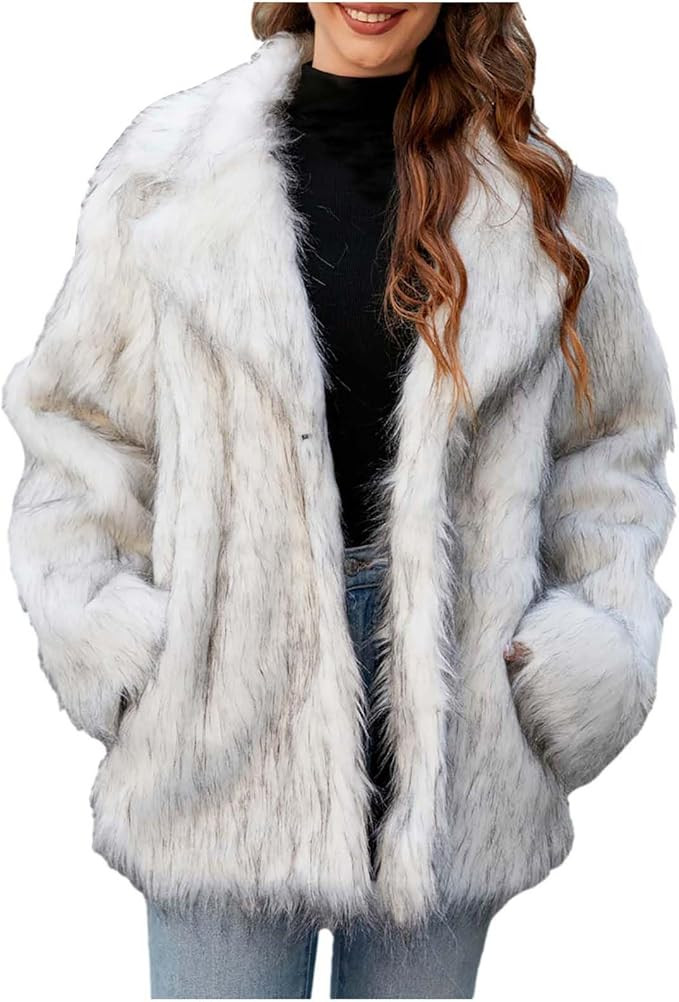 Faux Fur Coats For Women Long Sleeve Lapel Collar Warm Winter Coats Open Front Cardigan Outerwear... | Amazon (US)