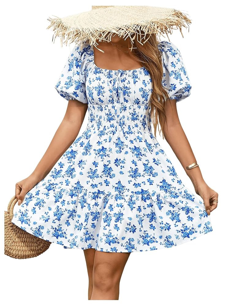 Floerns Women's Boho Square Neck Puff Short Sleeve Self Tie Front A Line Dress | Amazon (US)