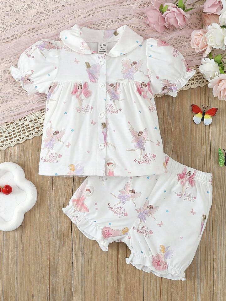 Souflis Baby Girl' Lovely Fairy Printed Doll Collar Puff Sleeve Set | SHEIN USA | SHEIN
