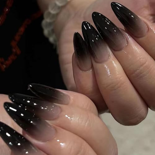 Black Press on Nails Medium Almond Fake Nails Press ons Medium False Nails with Designs Ombre Glossy Full Cover Acrylic Glue on Nails Halloween Stick on Nails for Women Nail Art Decoration 24Pcs | Amazon (US)