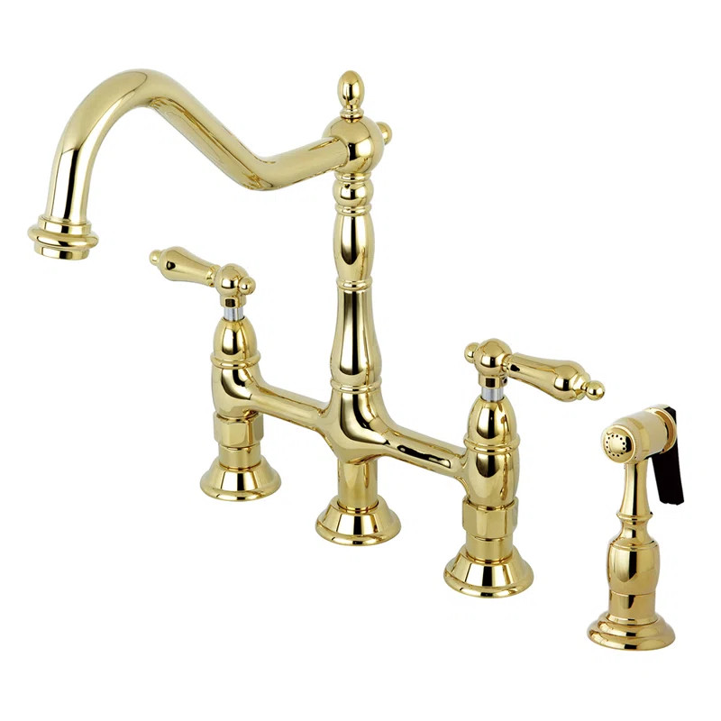 Kingston Brass Heritage Two-Handle 4-Hole Deck Mount Bridge Kitchen Faucet with Brass Side Spraye... | Wayfair North America