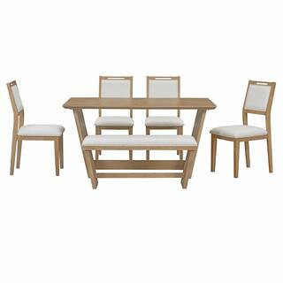 6 Piece Rectangular Natural Wood Wash MDF Top Dining Table Set with Bench Seats 6 durable construction | The Home Depot