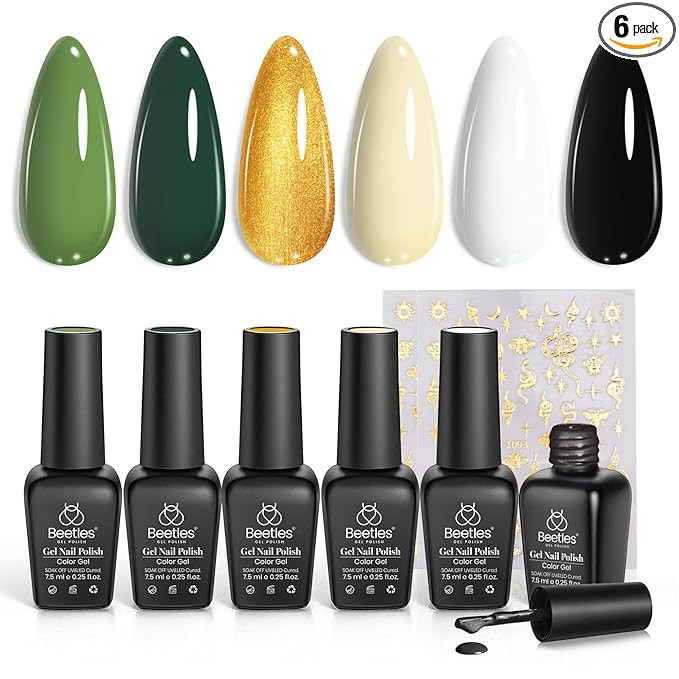 beetles Gel Polish 6 Colors Dark Green White Black Golden Winter Gel Nail Polish Design with Snak... | Amazon (US)