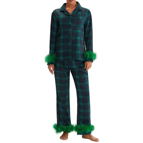 IMISSILLEB Womens Satin Silk Christmas Pajamas with Feathers Striped/Plaid/Santa Claus Print Button Down Shirts and Pjs Pants (Buffalo Plaid Green, L) | Amazon (US)