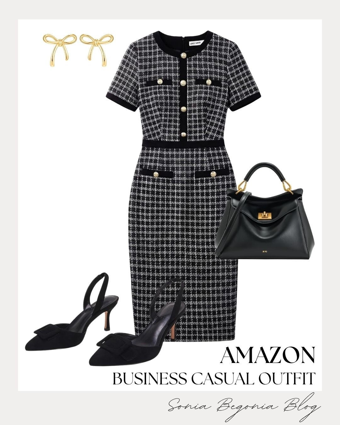 Elevate your workwear wardrobe with this chic, classic Amazon look! 🖤

Styled a houndstooth tweed sheath dress with gold bow earrings, a structured black top-handle handbag, and pointed-toe slingback heels. ✨

#AmazonFashion #WorkwearStyle #LTKworkwear #OfficeOOTD #TweedDress #LTKshopper

#LTKWorkwear #LTKootd